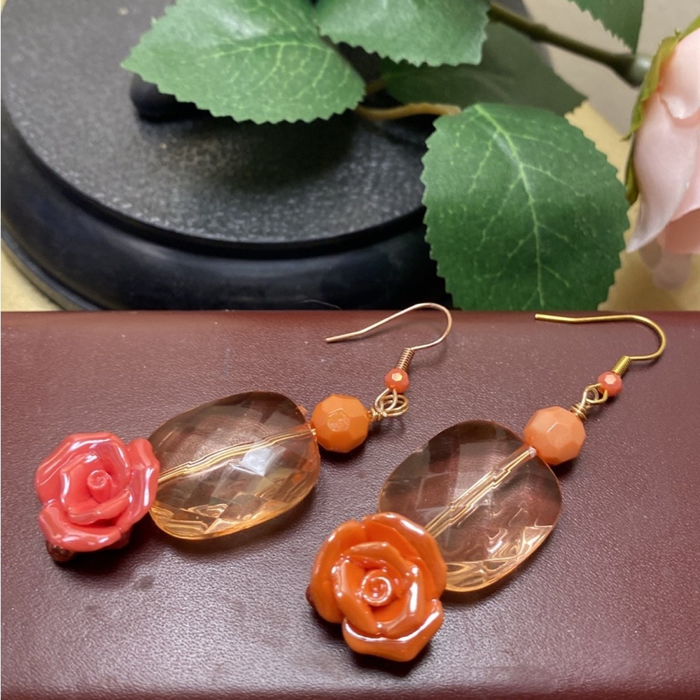 New Orange and Pink Rose Dangle Earrings